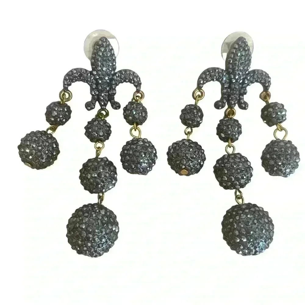 Fluer De Lis Womens Black Crystal Dangle Costume Earrings Large Heavy Fashion
